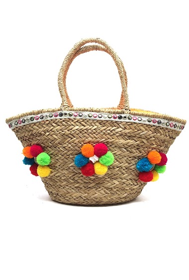 Wholesaler By Oceane - HAND WEAVED BEACH BAG DECORATED WITH COLOURFUL POMPOMS IN THE FRONT