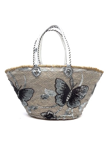 Wholesaler By Oceane - HAND WEAVED BEACH BAG COVERED WITH TULLE LACE AND DECORATED WITH SEQUINS IN BUTTERFLIES