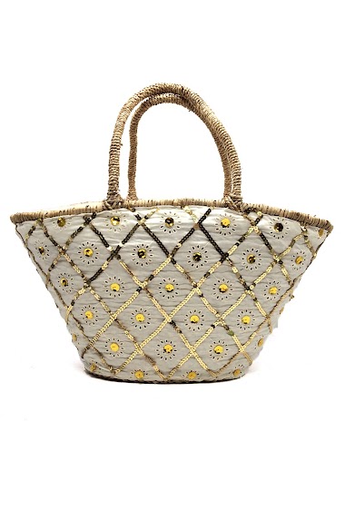 Wholesaler By Oceane - HAND WEAVED BEACH BAG COVERED WITH FABRIC DECORATED WITH SEQUINS