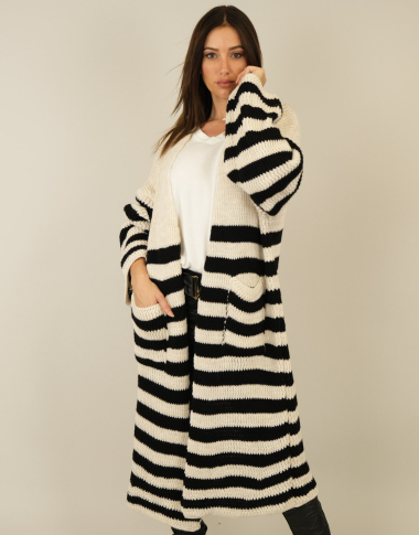 Wholesaler Capucine - Long striped cardigan - Wool look, 2 pockets | LEOSA