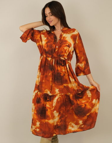 Großhändler Capucine - Kleid mit Knopfkragen – gerüschter Saum + elastischer Gürtel | IVONA