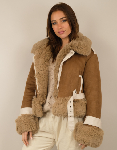 Wholesaler Capucine - Buttoned Suede Look Jacket - Fur Look Collar, Sleeves and Bottom, 2 Pockets + Belt | ELDA
