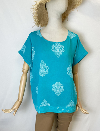 Mayorista Catherine Style - Blusa holgada con estampado de lentejuelas en algodón y lino
