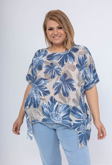 Wholesaler Catherine Style - Asymmetric pocket cotton blouse with blue floral print