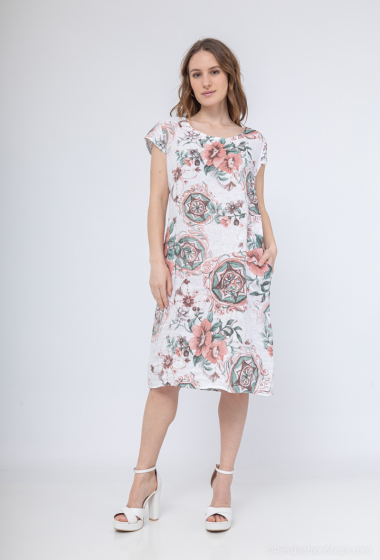 Grossiste Catherine Style - Robe en lin à imprimé fleurie extensible à poche