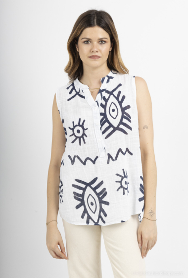 Mayorista Catherine Style - Camiseta de tirantes de lino y algodón con estampado azteca
