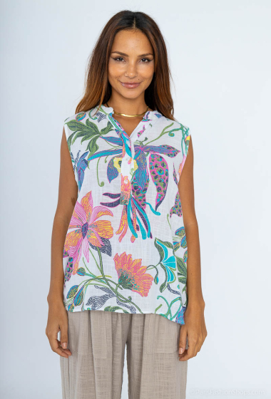 Mayorista Catherine Style - Camiseta de tirantes de lino y algodón con estampado de flores exóticas de colores