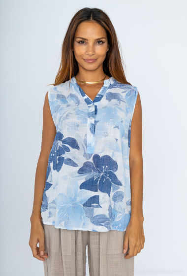 Mayorista Catherine Style - Camisetas de tirantes de lino y algodón con estampado floral azul