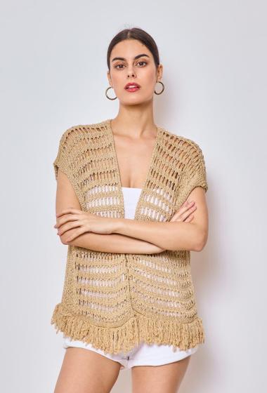Mayorista Catherine Style - Cárdigan de crochet metalizado sin mangas con flecos