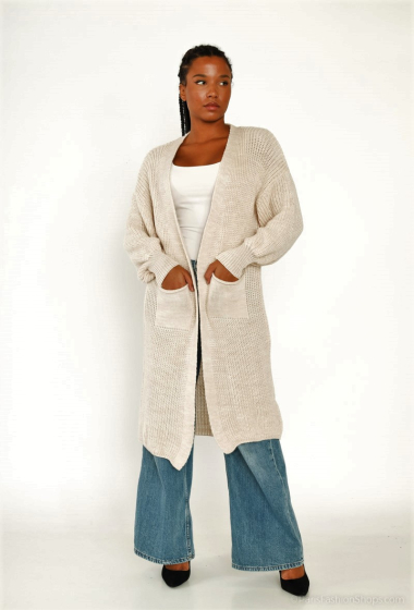 Wholesaler Catherine Style - Puff sleeve long knit cardigan with pocket