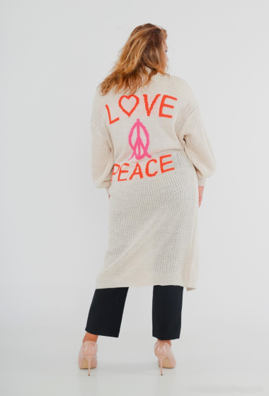 Wholesaler Catherine Style - Peace & love long knit cardigan with puffed sleeves and back