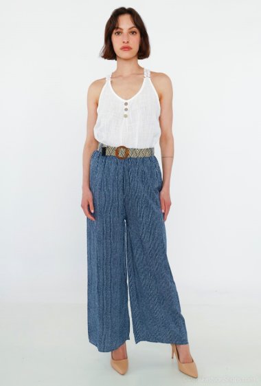 Wholesaler Catherine Style - Irregular Stripe Print Belted Wide Leg Pants
