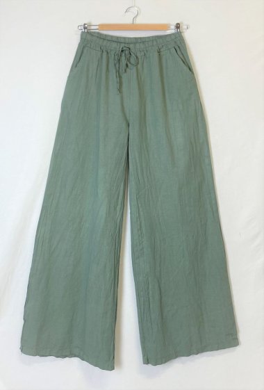Wholesaler Catherine Style - Wide elasticated pants with decorative lace up pocket in linen and cotton blend