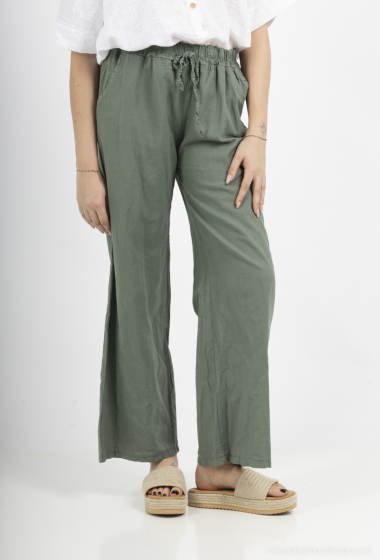 Wholesaler Catherine Style - Wide elasticated pants with decorative lace and pocket in linen and cotton blend