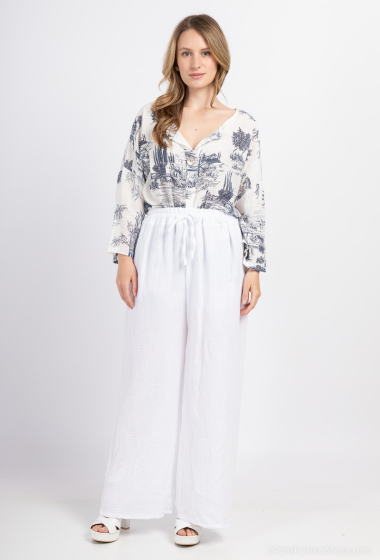 Grossiste Catherine Style - Pantalon large en coton élastiqué à lacet décoratif