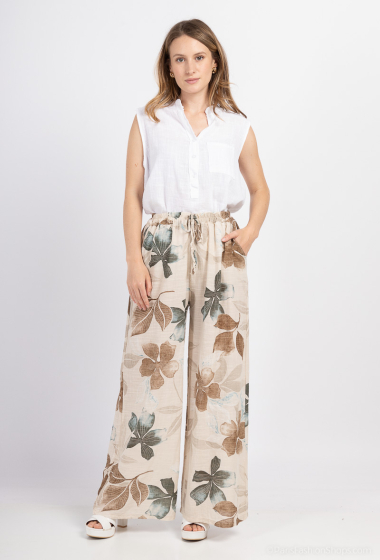 Mayorista Catherine Style - Pantalón ancho de algodón elástico con encaje con estampado tropical