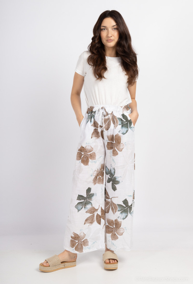 Grossiste Catherine Style - Pantalon large en coton élastiqué à lacet imprimé tropical