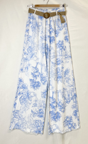 Grossiste Catherine Style - Pantalon large imprimé à ceinture en gaze de coton