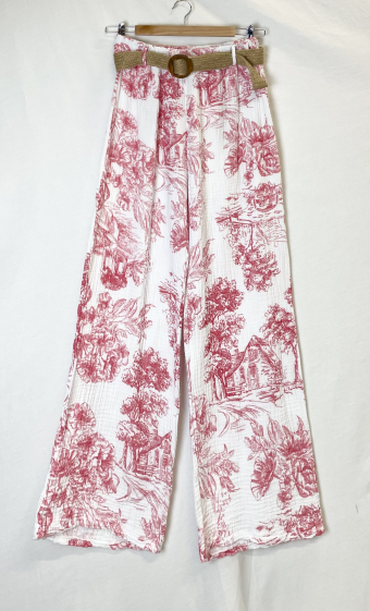 Mayorista Catherine Style - Pantalón ancho estampado con cinturón de gasa de algodón