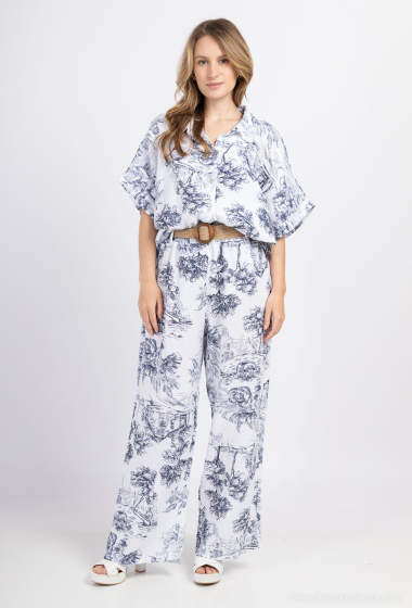 Grossiste Catherine Style - Pantalon large imprimé à ceinture en gaze de coton