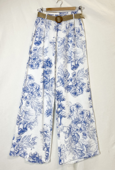 Wholesaler Catherine Style - Printed wide-leg pants with cotton gauze belt
