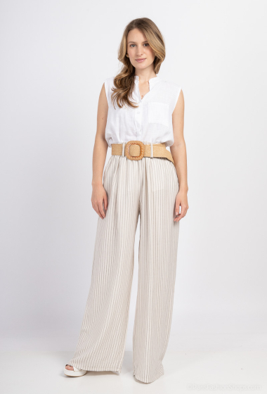 Wholesaler Catherine Style - Belted Pocketed Fluid Stripe Trousers