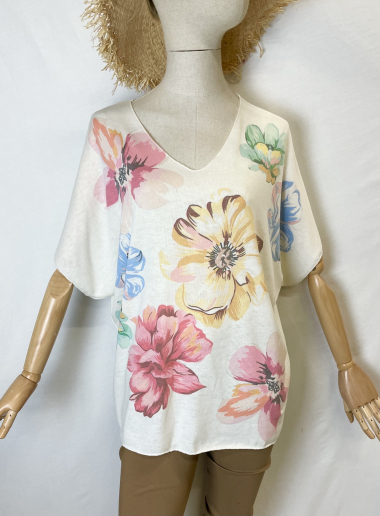 Grossiste Catherine Style - Pulls fin à manche courte ample à imprimé fleurie coloré
