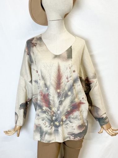 Wholesaler Catherine Style - Fine shimmering sweaters printed with bouquet of feathers