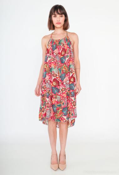 Grossiste Catherine Style - Robe à bretelle imprimé tropical exotiques