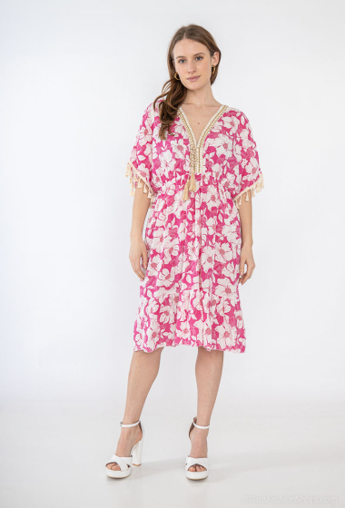 Grossiste Catherine Style - Robe à imprimé fleurie à pompon encolure en V