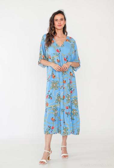 Großhändler Catherine Style - Fließendes, lockeres Kleid mit kurzen Ärmeln und floralem Kettendruck