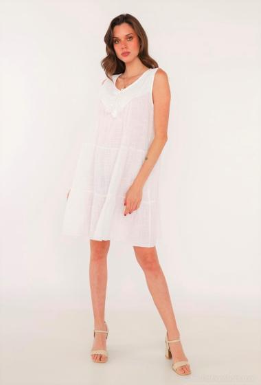 Wholesaler Catherine Style - Cottony dress with perforated English embroidery on the neckline with pompom lace