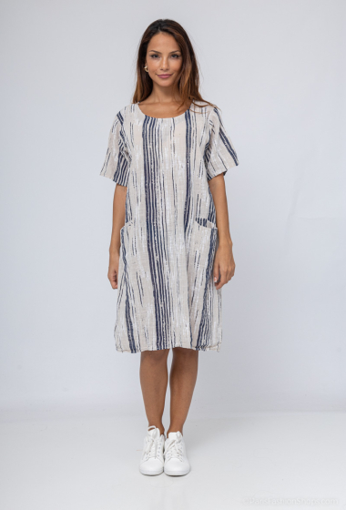Wholesaler Catherine Style - Pocketed marinated striped printed cotton dress