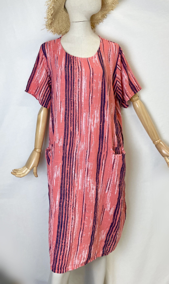 Großhändler Catherine Style - Kleid aus bedruckter Baumwolle mit marinierten Streifen und Taschen