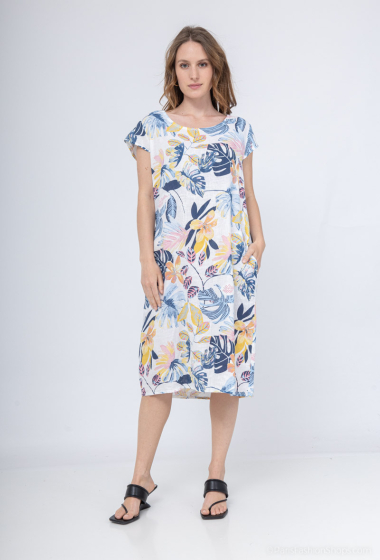 Grossiste Catherine Style - Robe en coton lin imprimé tropical bleuet