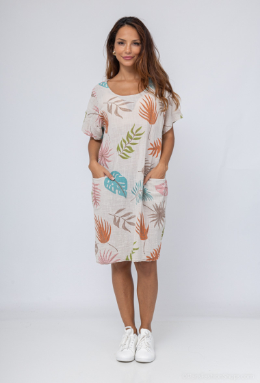 Grossiste Catherine Style - Robe en coton poché à imprimé feuilles tropicales