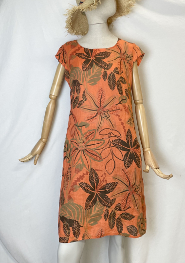 Mayorista Catherine Style - Vestido de lino con estampado de flores exóticas
