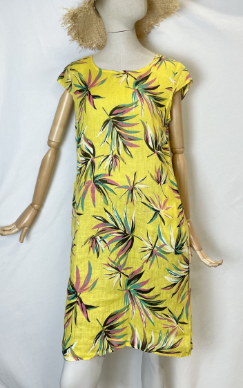 Grossiste Catherine Style - Robe en lin à imprimé tropical colorés