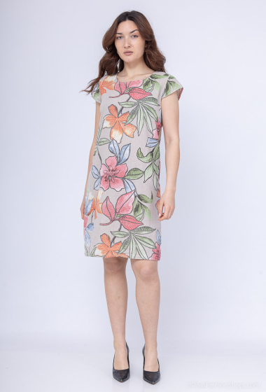 Grossiste Catherine Style - Robe en lin coton mélanger à imprimée fleuries