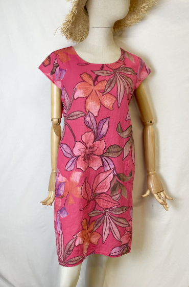 Grossiste Catherine Style - Robe en lin coton mélanger à imprimée fleuries