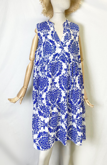 Großhändler Catherine Style - Ärmelloses, bedrucktes, fließendes Kleid mit Stehkragen