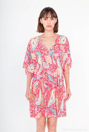 Wholesaler Catherine Style - flowing trapeze dress with colorful paisley print with short sleeves