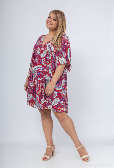Wholesaler Catherine Style - flowing trapeze dress with colorful cashmere print and short sleeves