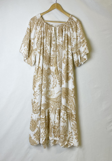 Grossiste Catherine Style - Robe imprimé à épaule dénudé élastiqué à pompon