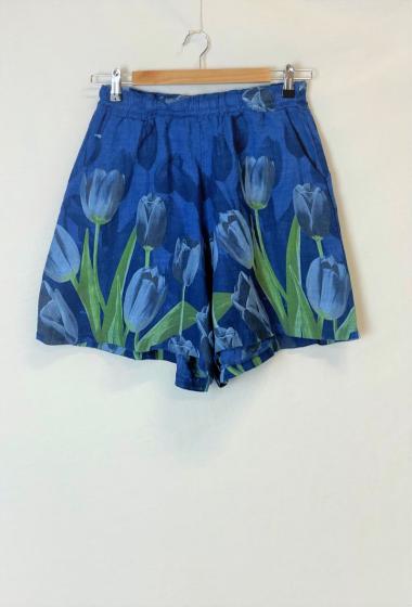 Großhändler Catherine Style - blaue Leinenshorts mit Tulpenmuster