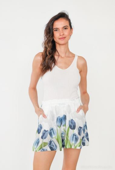 Grossiste Catherine Style - short en lin à imprimé tulipe bleu