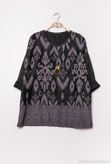 Wholesaler C'Belle - Printed knit sweater with costume jewellery