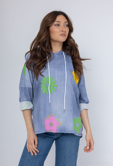 Großhändler C'Belle - Sweatshirt mit floralem Denim-Print und Kapuze