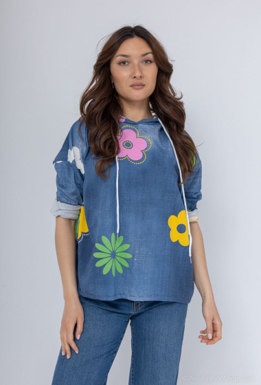 Grossiste C'Belle - Sweat imprimé jean  à fleurs avec une capuche