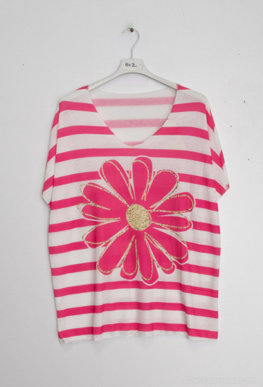 Grossiste C'Belle - T shirt imprimé à rayure avec grand fleurs